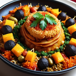**

A vibrant and artistic close-up shot of a fusion food dish. Focus on the layering of textures and the combination of familiar Arabic food elements with modern, unexpected ingredients. Think warm, inviting colors with a touch of culinary extravagance.

**