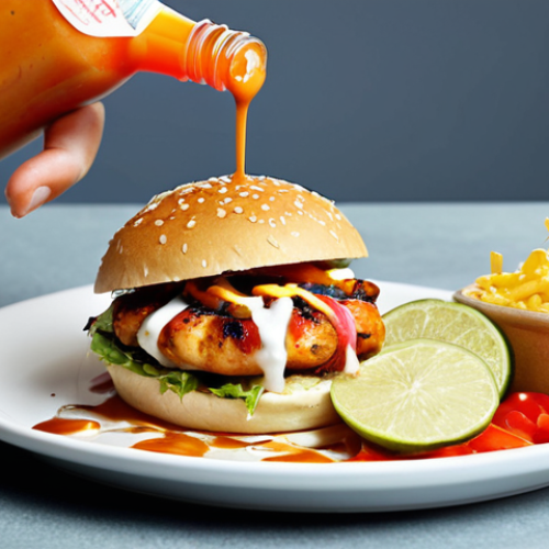 **Image Prompt 1:** A close-up shot of a gourmet "fusion fast food" dish, like a vibrant grilled chicken burger or an exotic Asian-Mexican taco, being generously drizzled with a sleek bottle of 'zero-calorie sauce'. The steam lightly rising from the dish and the vivid colors emphasize deliciousness. In the background, subtly blurred, a person's hand reaches for the dish, conveying a sense of eager, guilt-free anticipation and relief, hinting at the joy of healthy indulgence. The scene should be modern and appetizing.