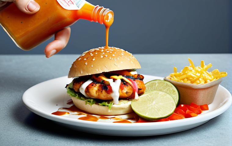 **Image Prompt 1:** A close-up shot of a gourmet "fusion fast food" dish, like a vibrant grilled chicken burger or an exotic Asian-Mexican taco, being generously drizzled with a sleek bottle of 'zero-calorie sauce'. The steam lightly rising from the dish and the vivid colors emphasize deliciousness. In the background, subtly blurred, a person's hand reaches for the dish, conveying a sense of eager, guilt-free anticipation and relief, hinting at the joy of healthy indulgence. The scene should be modern and appetizing.