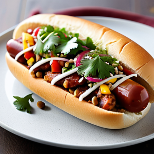 A close-up, high-angle shot of an exquisitely presented 'Fusion Hot Dog' on a sleek, minimalist plate. The hot dog features vibrant, colorful toppings such as a rich, smoky chipotle sauce, fresh cilantro sprigs, finely diced red onions, and a sprinkle of toasted sesame seeds, hinting at diverse culinary influences. The setting is a bright, clean modern food photography studio with soft, diffused lighting highlighting the textures and ingredients. Professional food photography, perfect focus, shallow depth of field, high quality, safe for work, appropriate content, family-friendly.