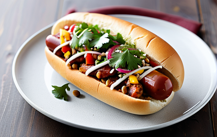 A close-up, high-angle shot of an exquisitely presented 'Fusion Hot Dog' on a sleek, minimalist plate. The hot dog features vibrant, colorful toppings such as a rich, smoky chipotle sauce, fresh cilantro sprigs, finely diced red onions, and a sprinkle of toasted sesame seeds, hinting at diverse culinary influences. The setting is a bright, clean modern food photography studio with soft, diffused lighting highlighting the textures and ingredients. Professional food photography, perfect focus, shallow depth of field, high quality, safe for work, appropriate content, family-friendly.