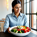 A professional Arab woman, fully clothed in modest, contemporary business attire, is elegantly holding chopsticks over a vibrant, healthy fusion Buddha Bowl. The bowl is meticulously arranged with organic quinoa, perfectly grilled lean chicken, an assortment of colorful fresh and roasted vegetables (such as broccoli, bell peppers, and cherry tomatoes), and healthy avocado slices, all artfully drizzled with a light, nutritious dressing, reflecting culinary balance. The scene is set in a brightly lit, chic fast-casual dining space, featuring subtle Islamic geometric patterns in the modern decor. Natural light streams in, highlighting the freshness and appeal of the ingredients. Professional food photography, perfect anatomy, correct proportions, natural pose, well-formed hands, proper finger count, natural body proportions, high resolution, rich textures, authentic, high quality, safe for work, appropriate content, fully clothed, modest, family-friendly.