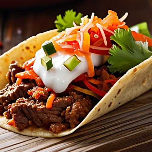 A delicious frozen fusion taco, bursting with savory Korean beef, spicy kimchi, and creamy sriracha sauce, displayed against a rustic wooden background with visible wood grain and soft, diffused lighting. Add "high quality" and "professional food photography". "safe for work," "appropriate content," "fully clothed," "professional"