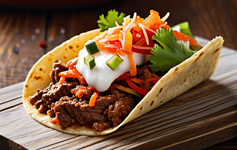 A delicious frozen fusion taco, bursting with savory Korean beef, spicy kimchi, and creamy sriracha sauce, displayed against a rustic wooden background with visible wood grain and soft, diffused lighting. Add "high quality" and "professional food photography". "safe for work," "appropriate content," "fully clothed," "professional"