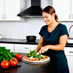Fusion Pizza Preparation**

"A brightly lit, clean kitchen scene. A woman, fully clothed in modest kitchen attire, prepares a fusion pizza. Various fresh vegetables (spinach, zucchini, bok choy), grilled chicken, and healthy toppings (avocado, low-fat cheese) are arranged around her. She is using whole wheat dough. Safe for work, appropriate content, family-friendly, professional food photography, perfect anatomy, natural proportions, well-formed hands."

**