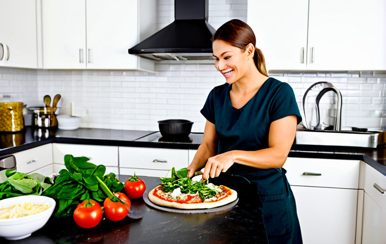 Fusion Pizza Preparation**

"A brightly lit, clean kitchen scene. A woman, fully clothed in modest kitchen attire, prepares a fusion pizza. Various fresh vegetables (spinach, zucchini, bok choy), grilled chicken, and healthy toppings (avocado, low-fat cheese) are arranged around her. She is using whole wheat dough. Safe for work, appropriate content, family-friendly, professional food photography, perfect anatomy, natural proportions, well-formed hands."

**